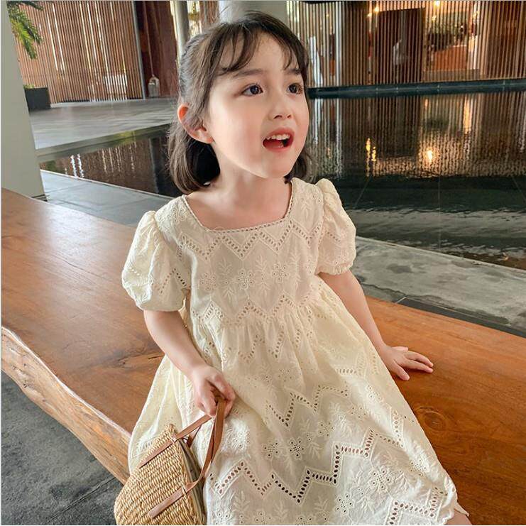 韩版女童连衣裙夏装女宝短袖棉裙子时尚儿童蕾丝公主裙裙摆公主风