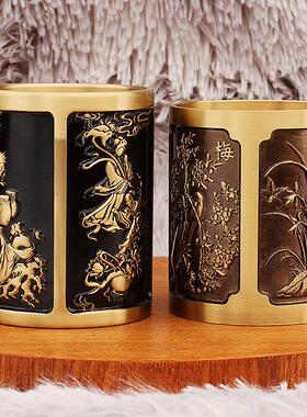 黄铜笔筒办公室书房桌面摆件八仙过海梅兰竹菊装饰金属工艺品