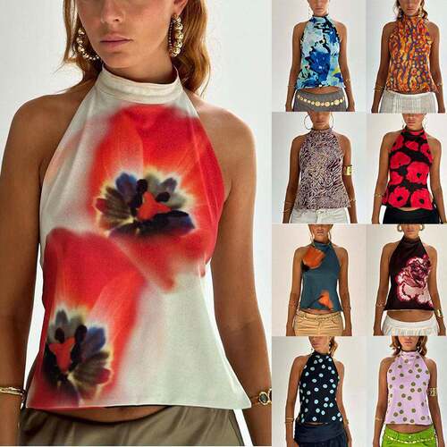 Women Y2k Halter Top Sleeveless Tops Backless Dotsflower