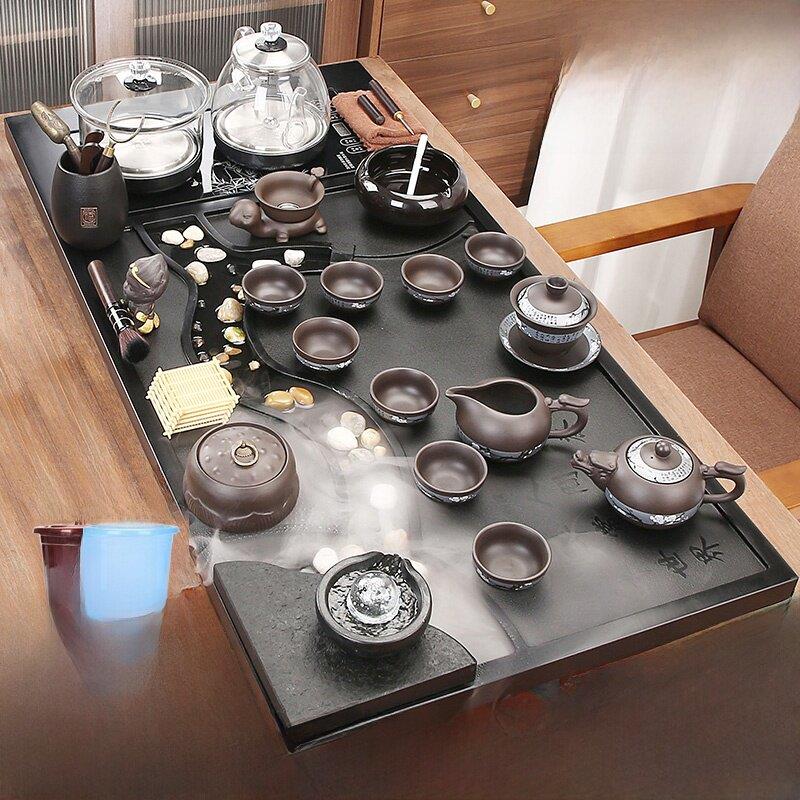 黑金石茶盘整套新型全自动玻璃家用茶具成套雾化流水财富茶桌茶海