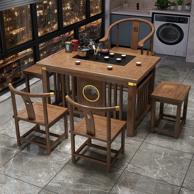 新中式阳台喝茶桌椅组实木办公室家用小户型功夫茶几一体泡茶台