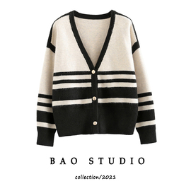 BAO STUDIO洋气拼条纹花瓣金扣针织开衫女冬季韩版宽松毛衣