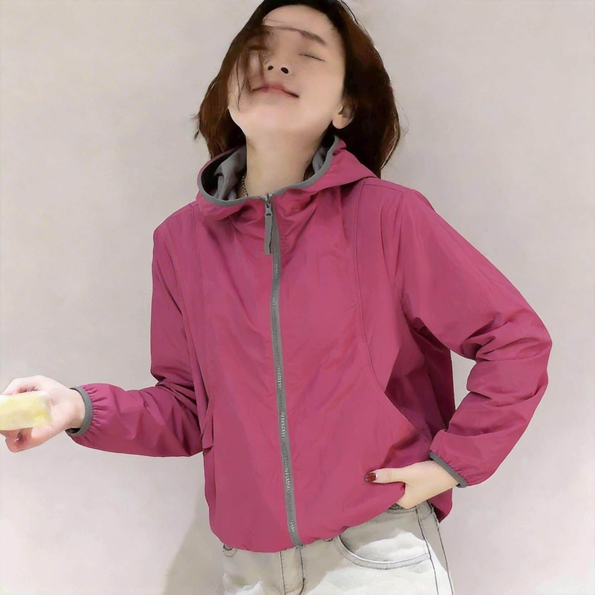 韩版小个子撞色拉链连帽冲锋衣外套女春季休闲百搭轻薄透气防晒服