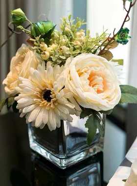 展厅洗手间仿真花可水洗家居卫浴洗手台样板房装饰摆件高端玻璃瓶