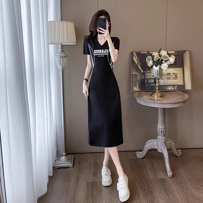欧洲站黑色短袖洋装女2025夏季新款高级感洋派减龄长版V领裙子