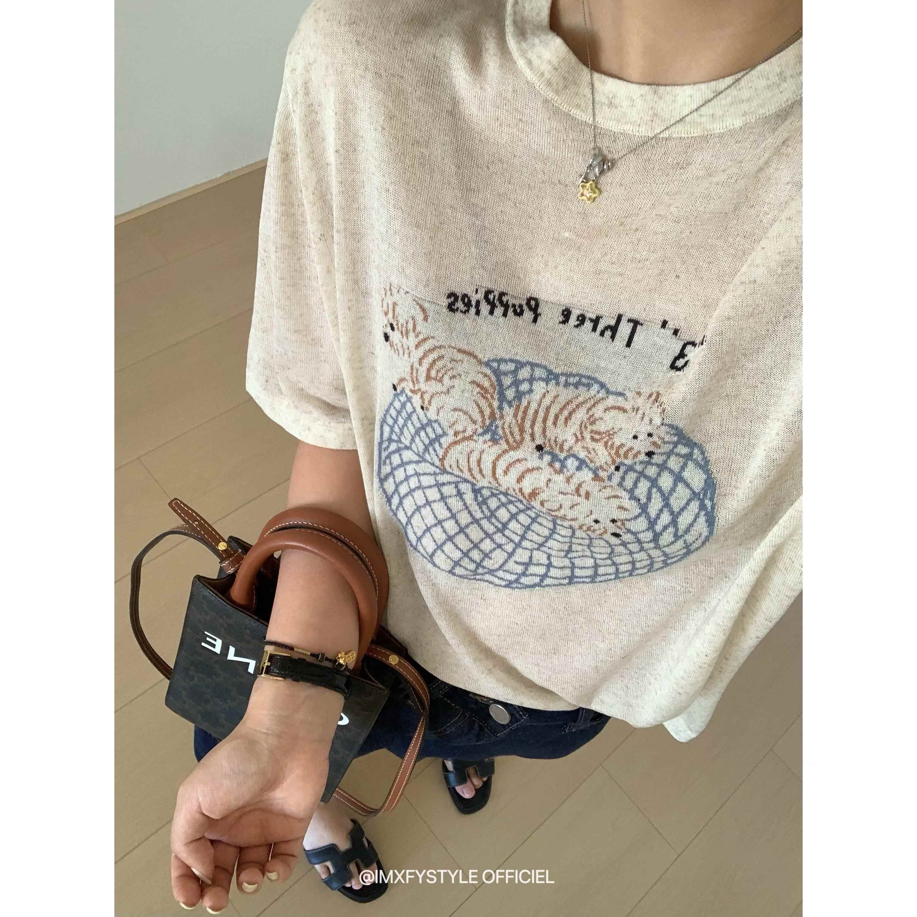 XFYSTYLE_卡通图案天丝亚麻短袖针织衫女夏圆领宽松休闲百搭上衣