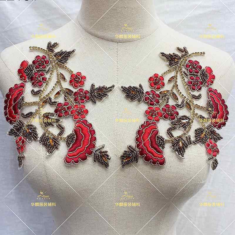 手工钉珠钻石对花蕾丝花重工服刺绣民族巾鞋头帽旗袍D2219I贴Y装
