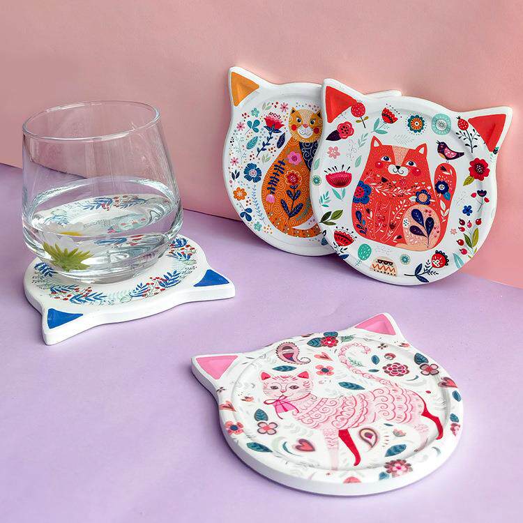 亚马逊新款可爱猫咪型陶瓷杯垫隔热垫餐桌水杯托咖啡杯防滑垫现货