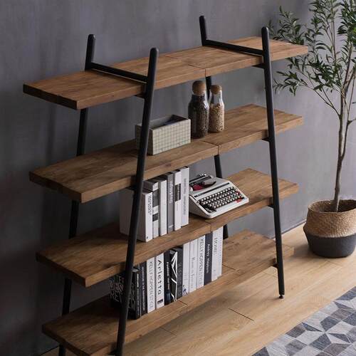 实木客厅多层一字板收纳展示架子原木书架铁艺置物架落地靠墙简约