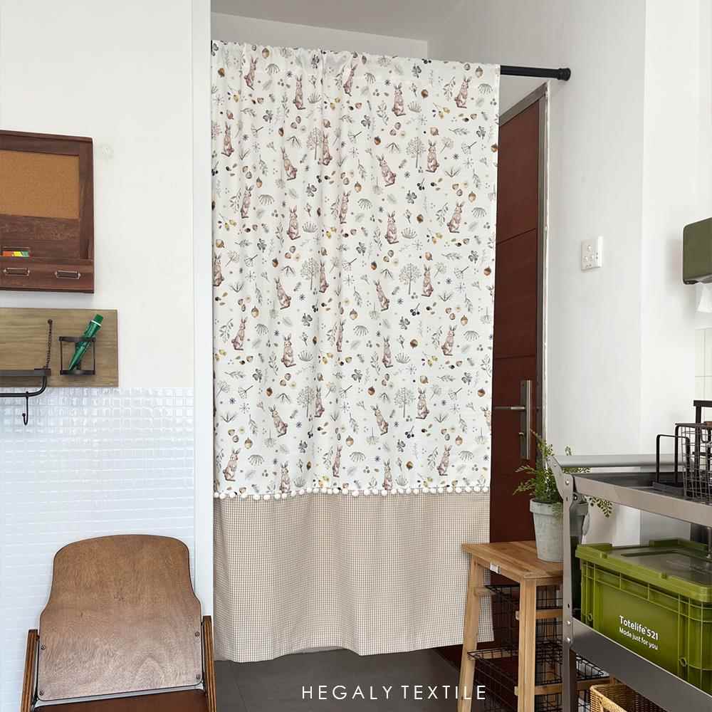 HEGALY 小兔森林棉麻印花可爱儿童房小窗帘格子毛毛球ins风浅咖米