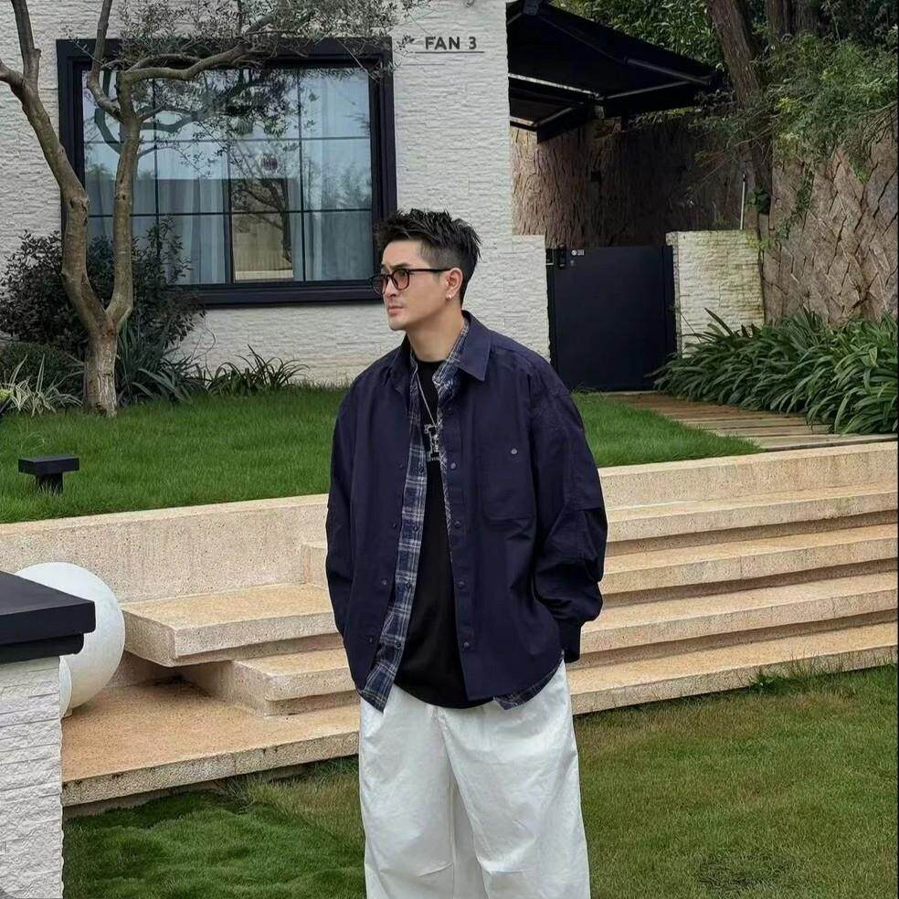 春季新款美式潮牌假两件格子衬衫外套男士高级感百搭宽松休闲夹克