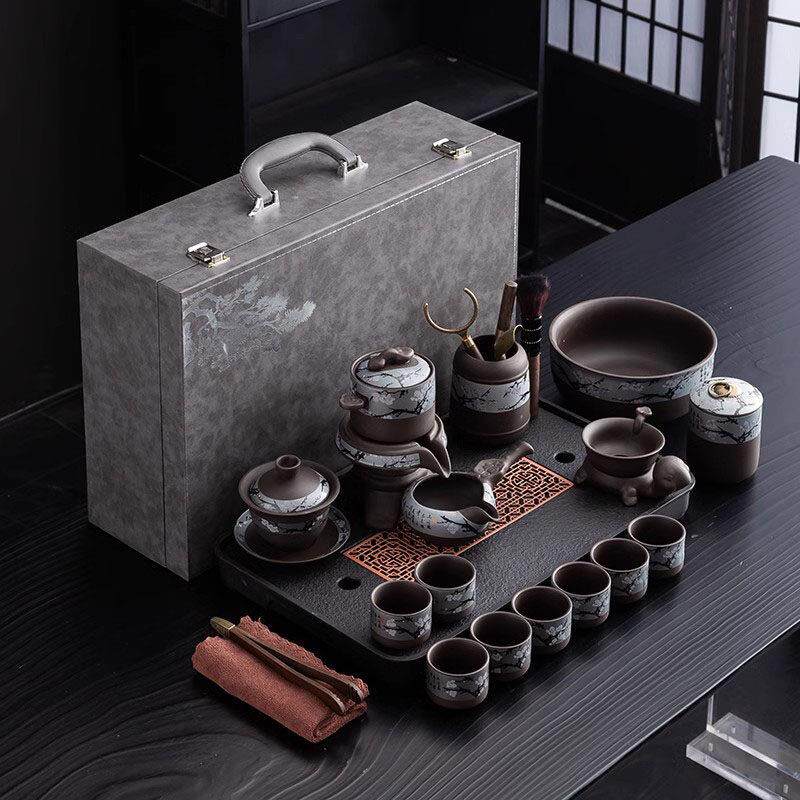 紫砂旋转功夫茶具套组家用陶瓷简约轻奢高档送礼泡茶可携式旅行包