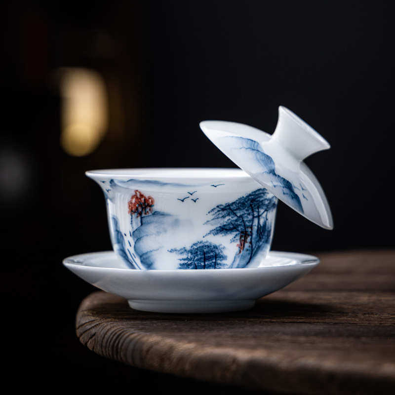 冰种手绘釉下彩三才盖碗单个带盖家用中式泡茶器茶杯功夫茶具批发,餐饮具,盖碗,淘宝优惠券,粉丝福利购,淘宝优惠卷