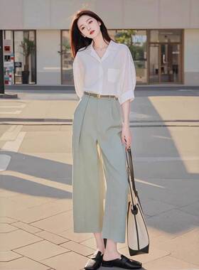 欧货时尚干练气质正式场合套装女又a又飒白色衬衫阔腿裤套装夏季