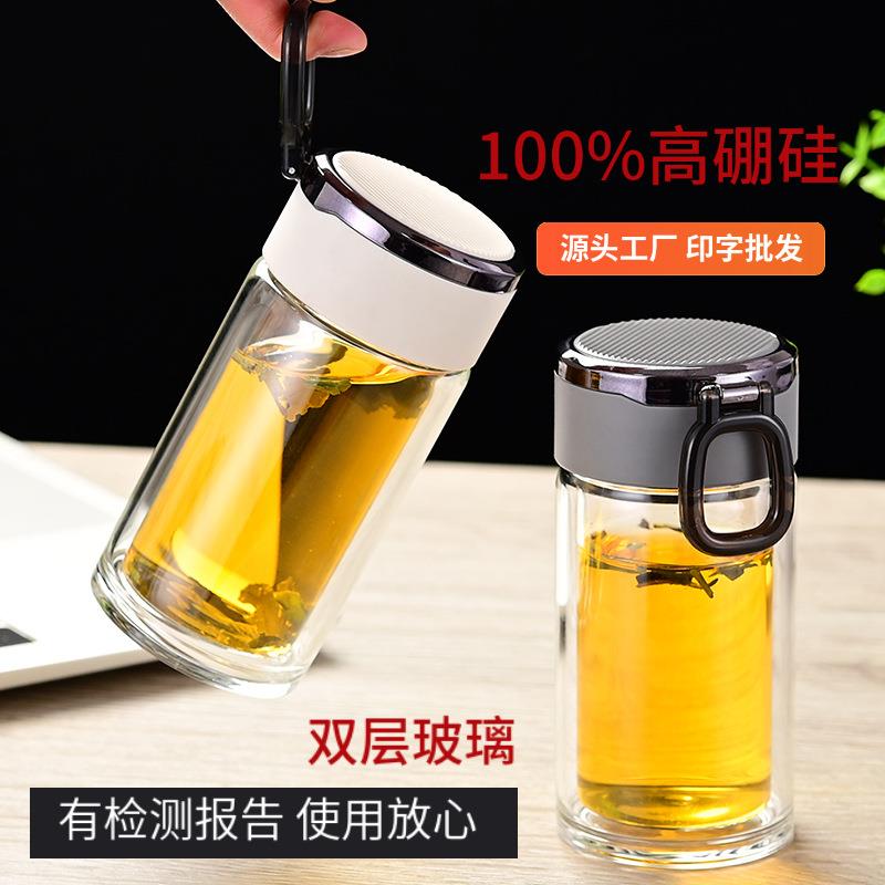 双层玻璃杯透明加厚高颜值家用玻璃水杯便携高透带盖杯子印字