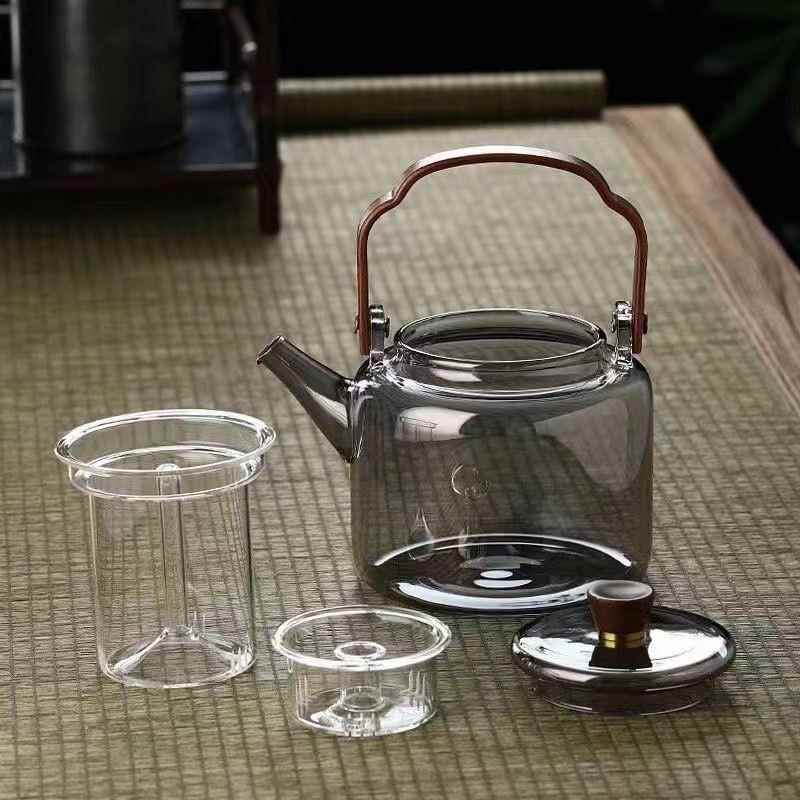 987高硼硅玻璃壶胡桃黑木把烟灰色梁茶壶蒸提双胆泡茶器明煮火加