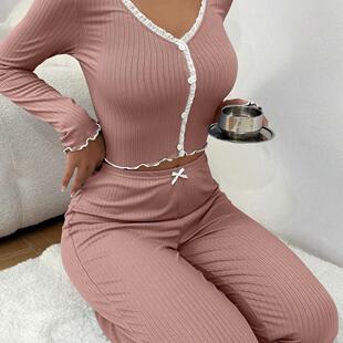 Home wear, sleepwear, long sleeved pants, lace double long