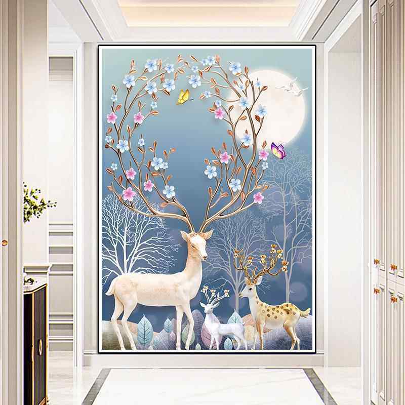 5d新款2021钻石画满钻客厅玄关发财鹿手工水晶贴钻十字绣竖版2020