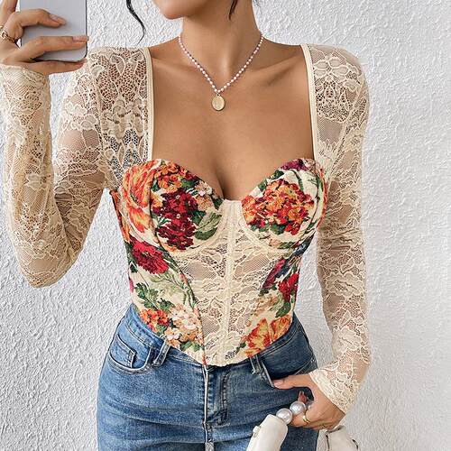 Fishbone square neck top with printed lace patchwork and