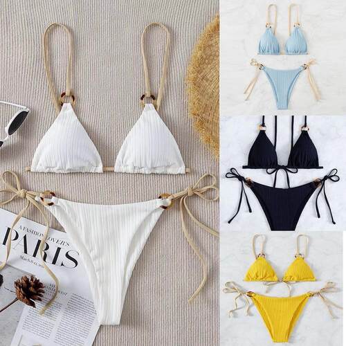 Women'S Contrast Binding Tie Back Bikini Set, Casual,