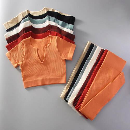 2Pcs Seamless Yoga Set Women Tracksuit Acid Wash Crop Top T-