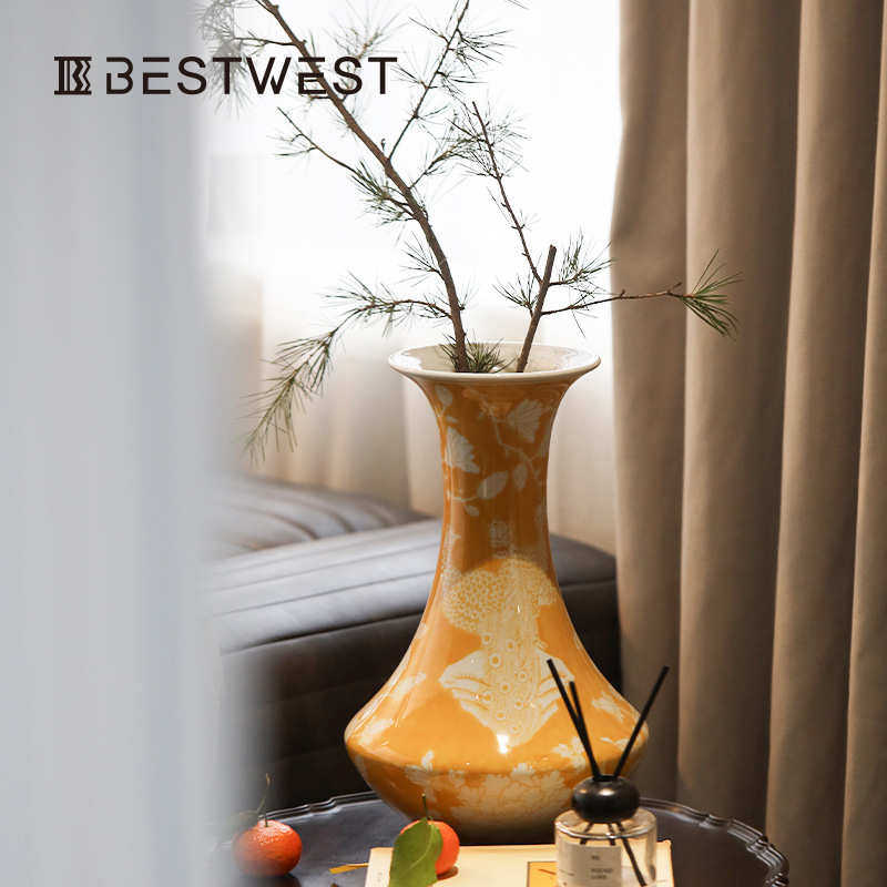 家居罐装饰品储藏花瓶西 孔雀轻花卉套装台灯家居奢博长颈黄底,家居饰品,花瓶,淘宝优惠券,粉丝福利购,淘宝优惠卷