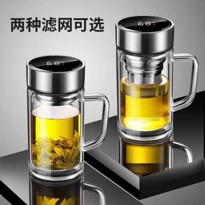 钢化玻璃杯防摔耐高温双层加厚茶杯办公家用茶水分离泡茶显温水杯