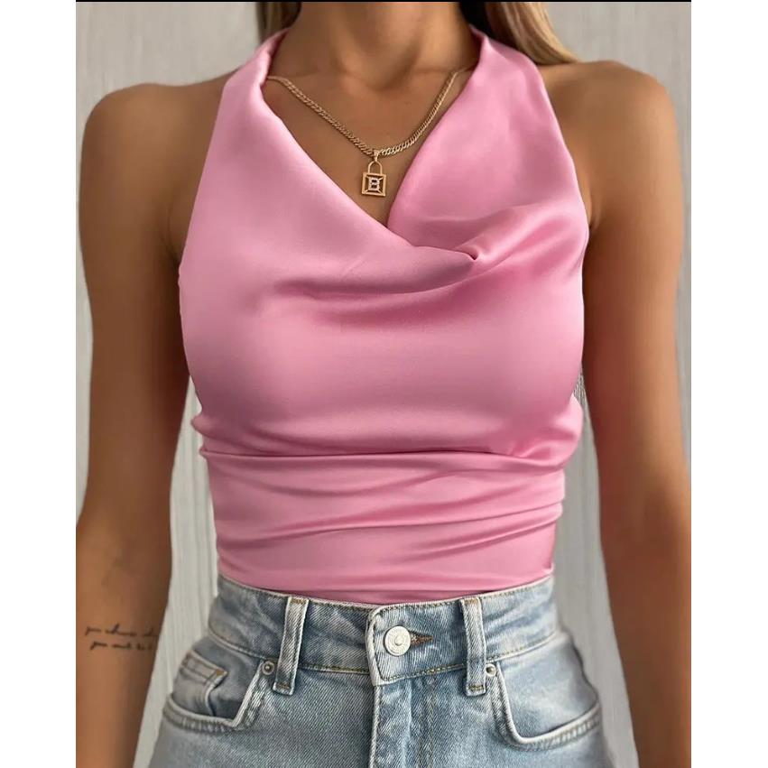 Solid color waist-cinching neck halter top