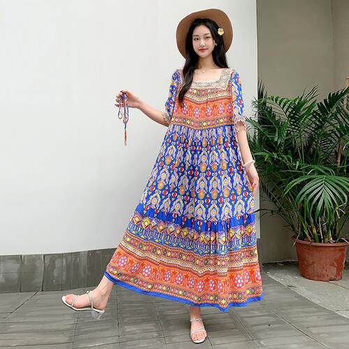 Beach skirt long cotton silk floral dress for women