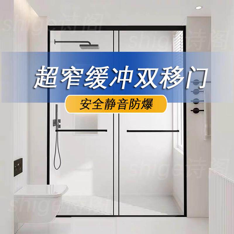 淋浴房双移门一字型推拉缓冲化妆室干湿分离玻璃隔断浴室无障碍窄