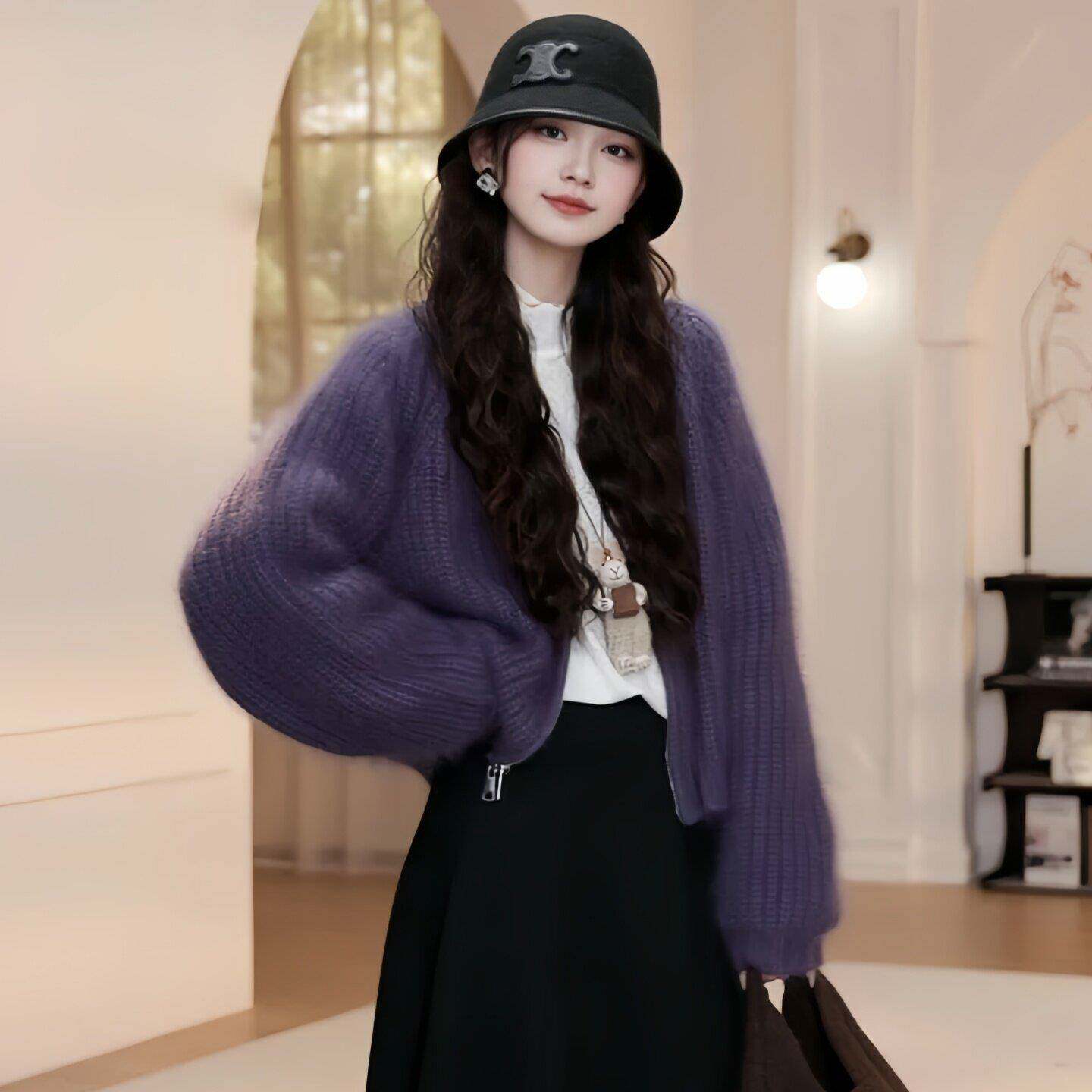 欧洲站紫色慵懒风拉链针织毛衣女2025秋冬大码短款软糯高级感外套