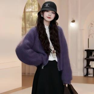 欧洲站紫色慵懒风拉链针织毛衣女2025秋冬大码短款软糯高级感外套