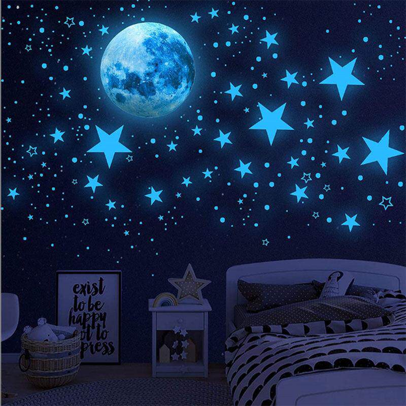 夜光月球星星月亮粉蓝绿光墙贴客厅天花板儿童房间墙壁卧室自粘贴