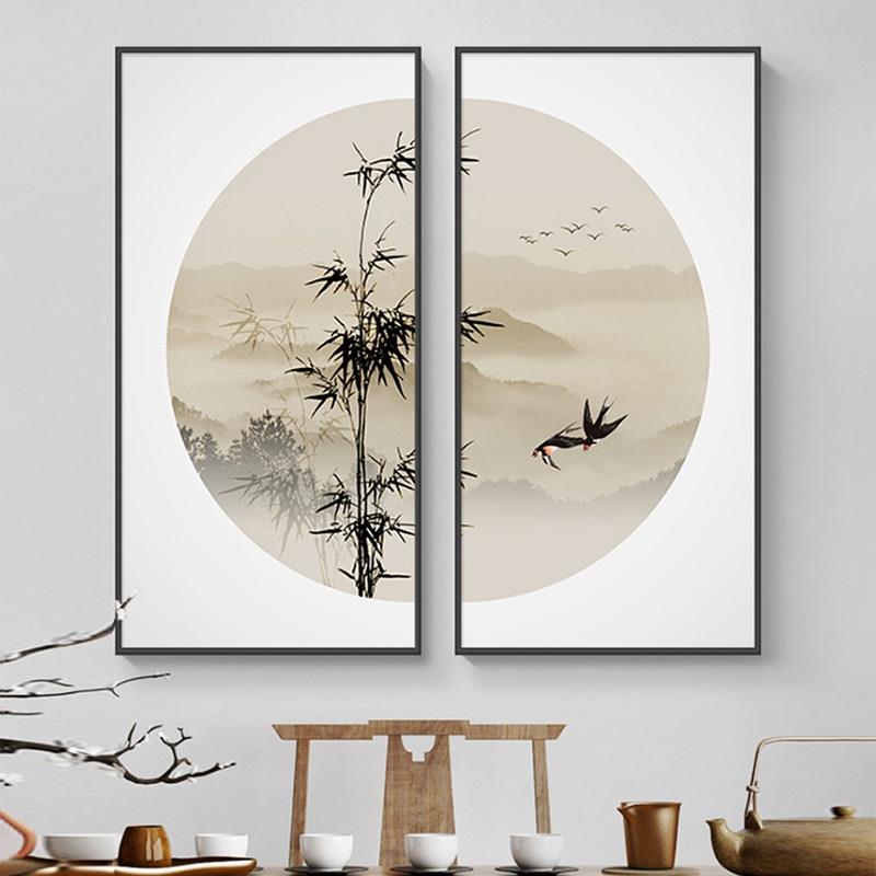 新中式挂画茶室背景墙装饰画水墨画书房山水画客厅饭厅组合玄关画