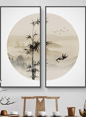 新中式挂画茶室背景墙装饰画水墨画书房山水画客厅饭厅组合玄关画