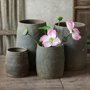 田园纯手工圆柱土陶罐摆件 落地大花盆陶瓷复古民宿造景花瓶批发