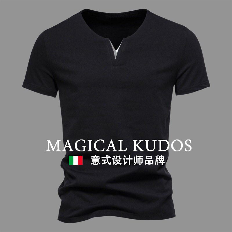 MAGICAL KUDOS纯棉弹力V领短袖T恤春季青年时尚潮流打底衫修身t恤