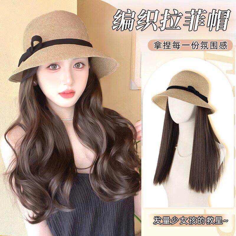 假发帽子一体女长卷发夏天遮阳防晒编织透气渔夫帽羊毛卷全头套式
