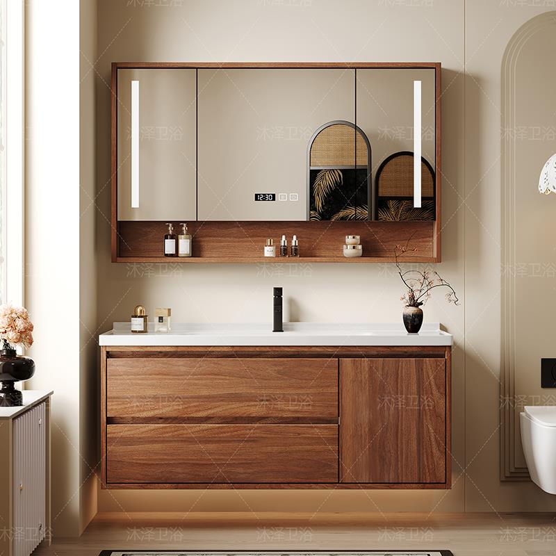胡桃木色新中式浴室柜智能洗手洗脸陶瓷一体盆柜组合卫生间洗漱台