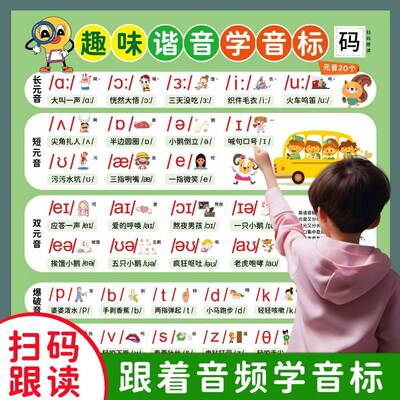 启蒙小学英语趣味谐音学音标48国际音标自然拼读影片有声音标挂图