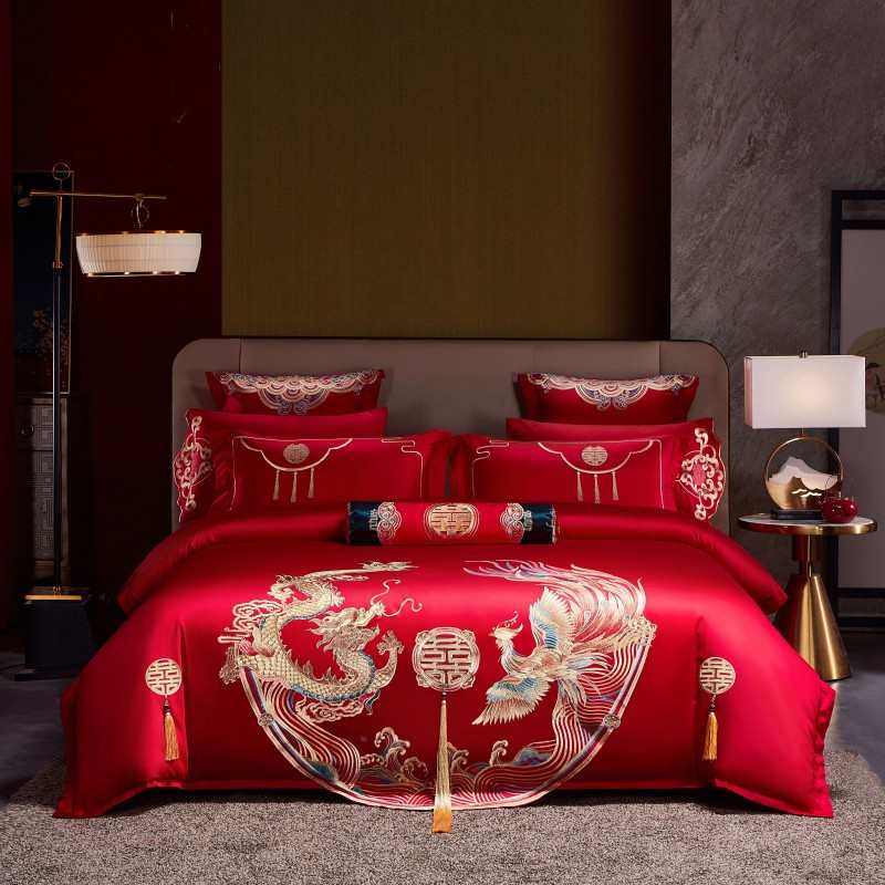 高档中式龙凤刺绣结婚四件套大红色床单被套纯棉喜被婚庆床上用品,床上用品,婚庆床品套件,淘宝优惠券,粉丝福利购,淘宝优惠卷