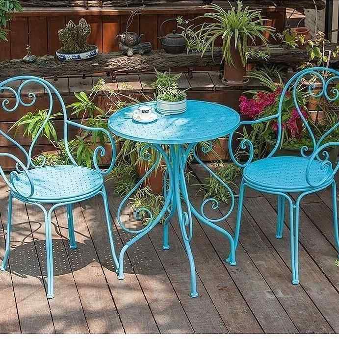 简约庭院室外桌椅阳台花园户外圆桌组合三套件休闲奶茶商用桌椅J^