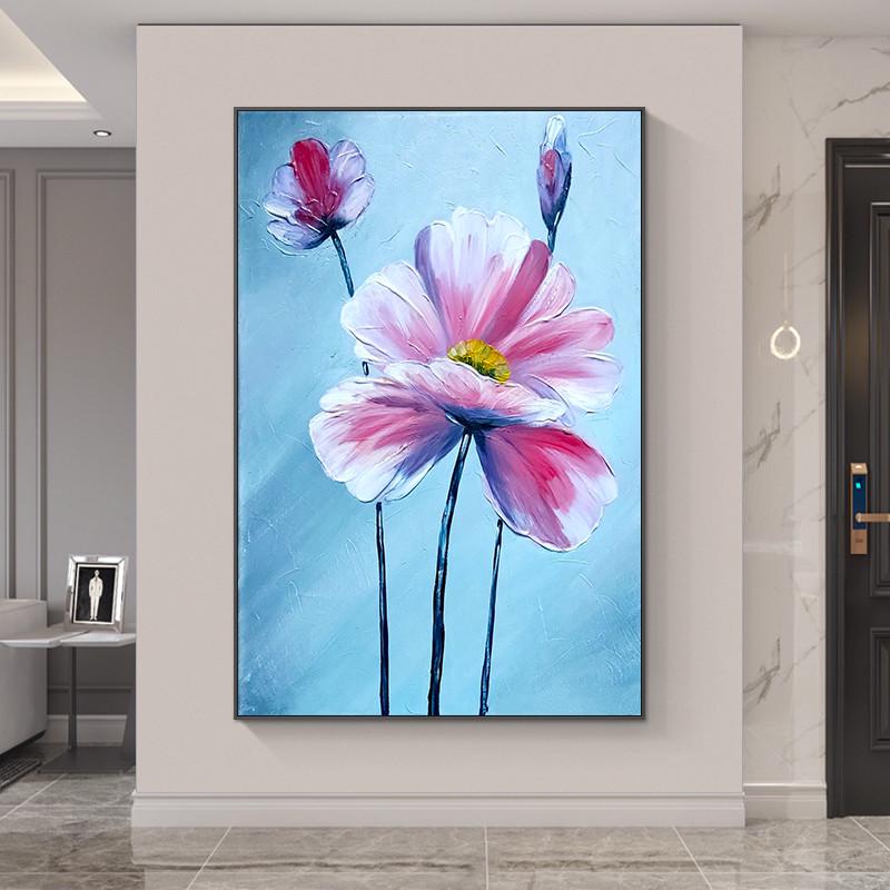 花开富贵纯手绘油画荷花玄关装饰画丙烯立体肌理画轻奢风客厅挂画图片