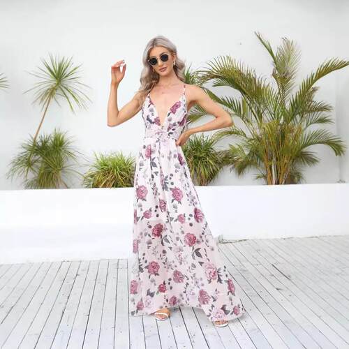 Dress women's pink printed suspender straight batch skirt
