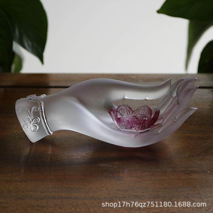 古法琉璃白色佛手持莲香插香道用品沉香线香莲花插座家居摆件供具