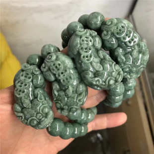 玉器工艺品玉石A货缅甸翡翠俄料散珠手串翡翠三金钱貔貅圆珠手链