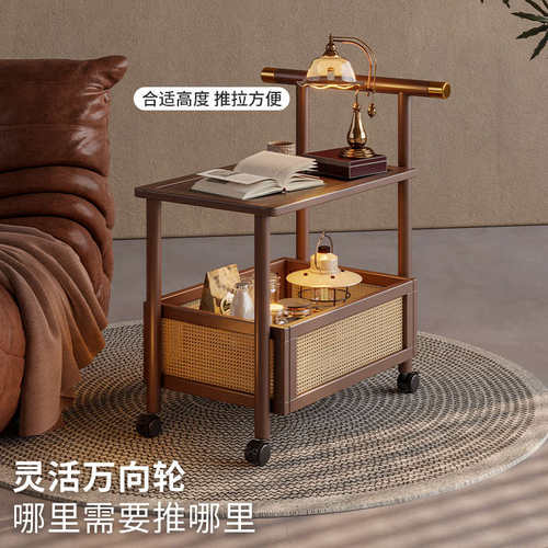 置物架客厅可移动茶几家用落地中古沙发边几塑藤带滚轮零食储物柜