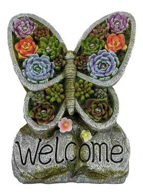 仿真多肉植绒蝴蝶摆件树脂工艺品太阳能灯欢迎标识昆虫庭院装饰品