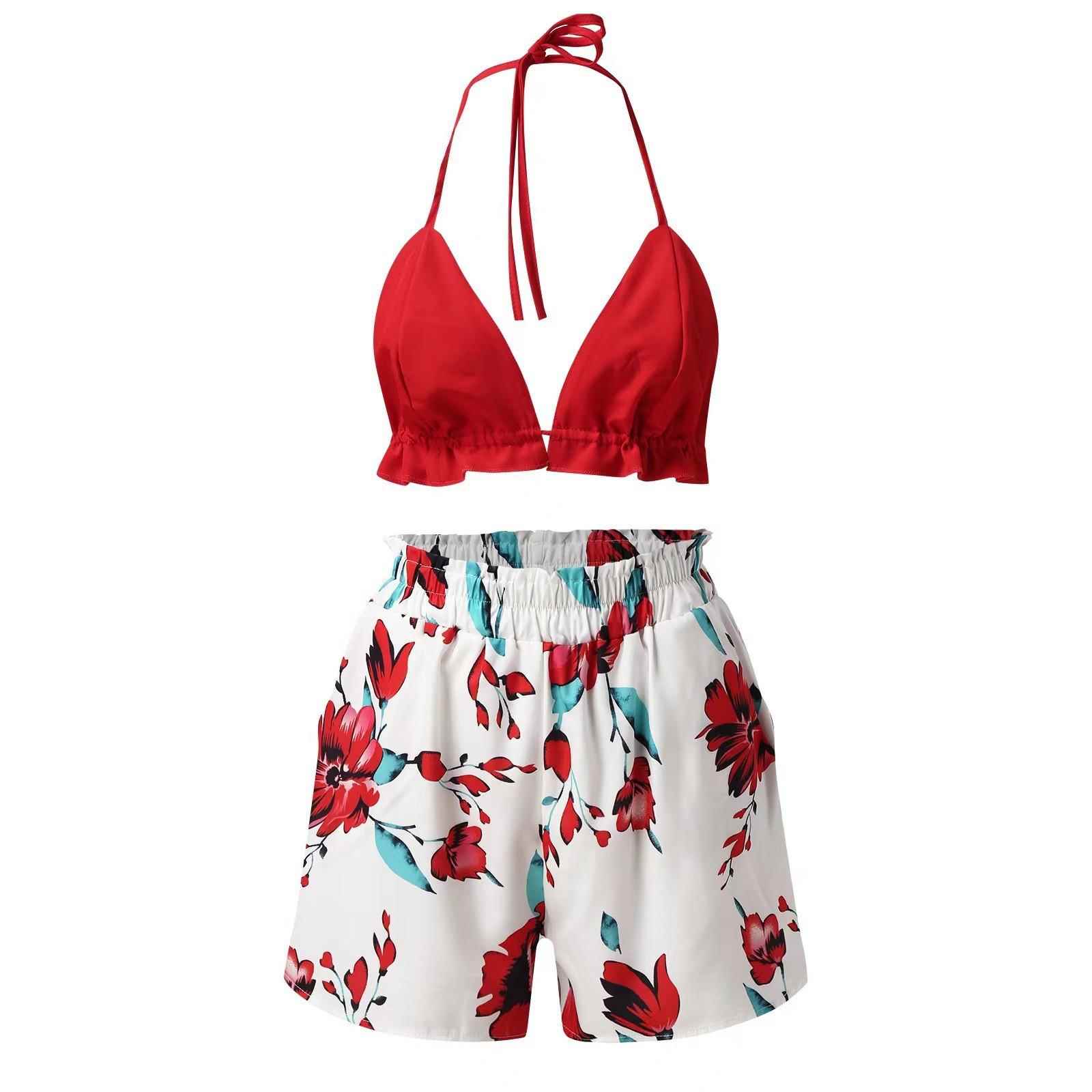Three-piece tropical lantern sleeve shirt and shorts set