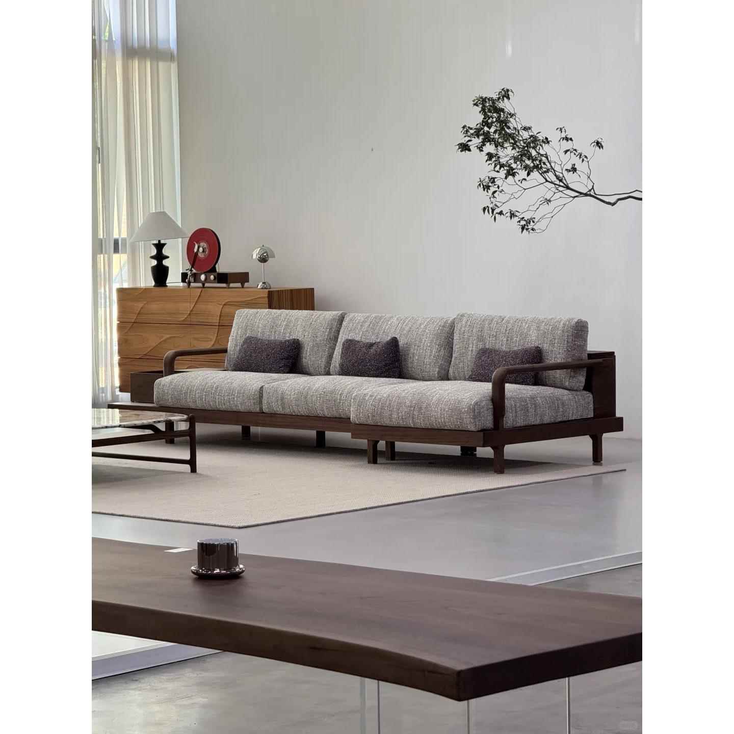 新中式宋式美学北美黑胡桃木直排布艺沙发2025新款设计师办公家具